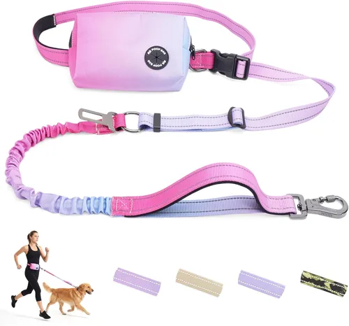 Vista 8 de Correa elástica retráctil de doble asa manos libres con ribete reflectante, cinturón ajustable para pasear al perro, correr, senderismo, correa