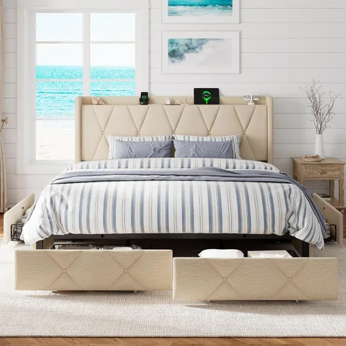 Vista 9 de GalnFu Base de cama de tamaño matrimonial con 4 cajones de almacenamiento, plataforma tapizada con estación de carga, moderna cabecera de Beige