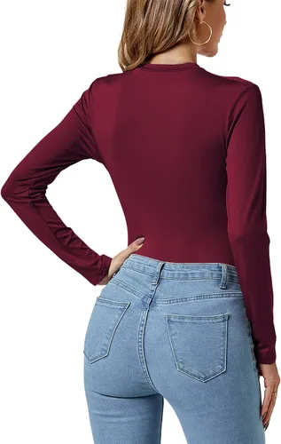 Vista 2 de LYANER Leotardo básico plisado de manga larga con cuello fruncido para mujer