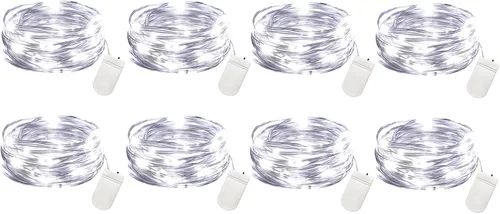 Vista 9 de VOOKRY Paquete de 8 guirnaldas de 30 luces LED que funcionan con pilas, 10 pies de cable rojo mini plateado luciérnaga luces de luna estrellada