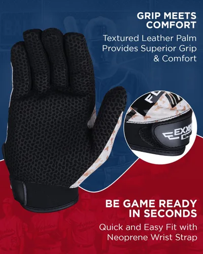 Vista 3 de Exxact Sports Guantes de bateo de béisbol para jóvenes y adultos con palma de cuero texturizada, guantes de bateo de sóftbol para mujeres/hombres