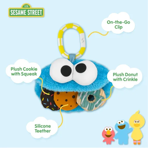 Vista 3 de Kids Preferred Sesame Street Cookie Monster On The Go - Juguete de actividad con mordedor de silicona, sonidos arrugados y sonajero para bebés