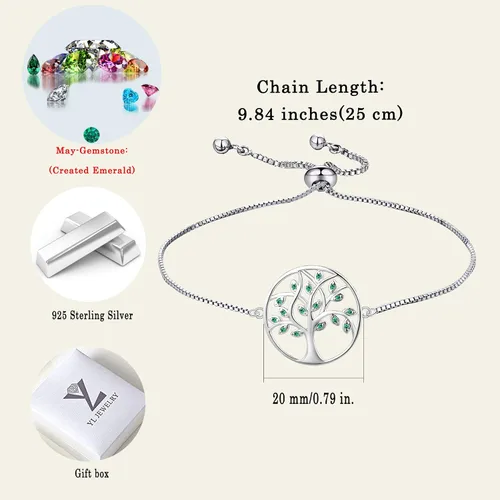 Vista 6 de YL Pulsera de árbol de plata de ley 925 con eslabones de árbol de la vida, joyería de piedra natal para mujer
