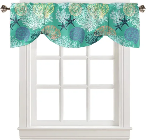 Vista 27 de Cenefa de amarre para ventanas, cortinas náuticas costeras de coral, cenefas con bolsillo para barra, cortinas de ventana con temática de playa