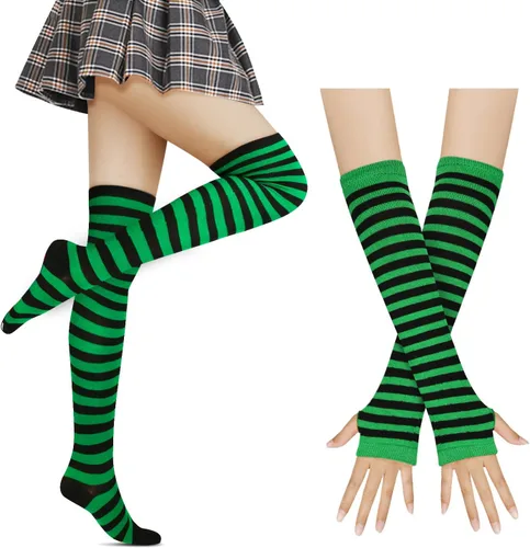 Vista 9 de Benefeet Sox Conjunto de calcetines altos hasta el muslo a rayas arcoíris para mujer, calentadores de brazos, guantes sin dedos, disfraz