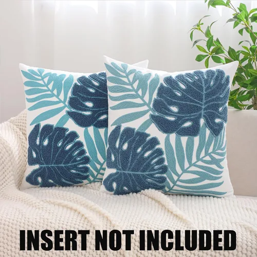 Vista 5 de Fundas de almohada bordadas de 18 x 18 pulgadas, paquete de 2 hojas Hoja tropical azul