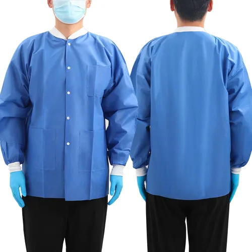 Vista 2 de JMU Paquete de 10-100 abrigos desechables de laboratorio, chaquetas médicas Azul oscuro