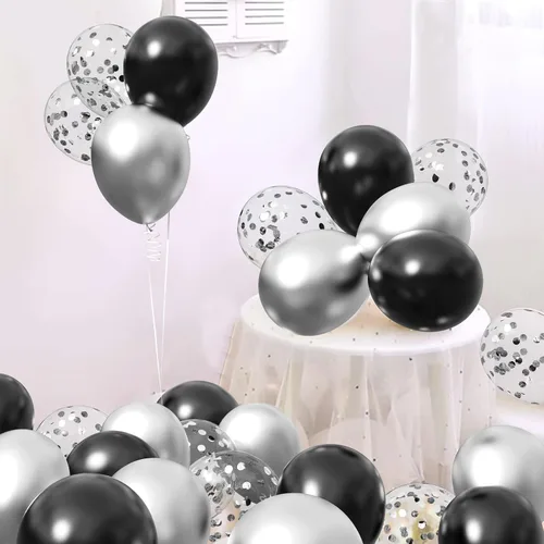 Vista 5 de Globos de confeti negro y plateado, 50 unidades de 12 pulgadas, unisex, adultos, fiesta, celebración general, negro y plateado, redondos