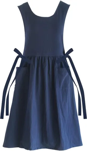 Vista 11 de Vestido tipo delantal de lino de algodón con espalda cruzada para mujer con bolsillos para cocinar y limpiar - Delantal cruzado - Azul - con lazos