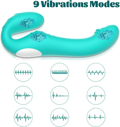 Vista 2 de Vibradores de consolador sin tirantes, juguetes sexuales para adultos, lesbianas con 9 modos de vibración, vibrador de doble extremo con control