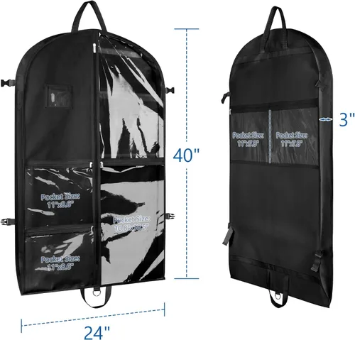 Vista 2 de Bolsas de ropa de baile negras de Zilink, bolsa de ropa de 40 pulgadas para competiciones de baile con 5 bolsillos transparentes con cremallera