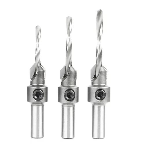 Vista 10 de Amana Tool Juego avellanador para carpintería, AMS-621, 3 piezas Punta de carburo con tope de profundidad ajustable y sin empuje, sin rodamiento