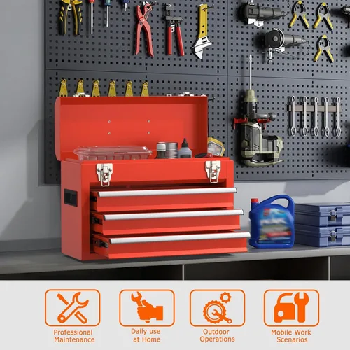 Vista 7 de Caja de herramientas portátil de metal con cajones, caja de herramientas con cierres con forros EVC, cofre de herramientas resistente con Rojo