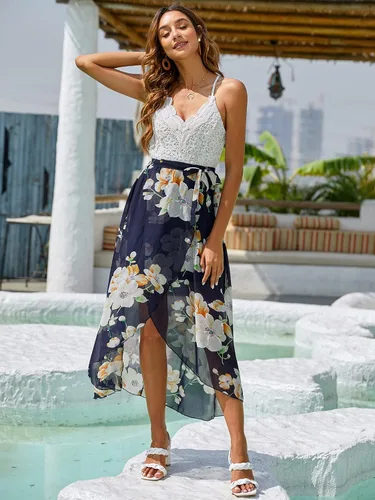 Vista 6 de Blooming Jelly Vestido largo de verano para mujer sin mangas con cuello en V profundo asimétrico floral