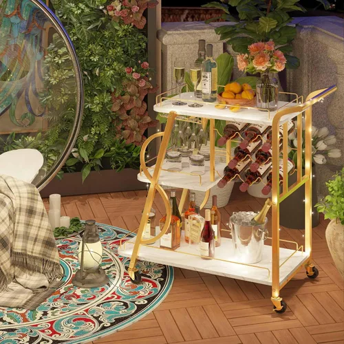 Vista 7 de Carrito de Bar, Carrito de Bar Dorado para el Hogar, Carrito de Servicio con Soporte para Copas de Vino, Carrito de Bebidas de 3 Niveles con Ruedas