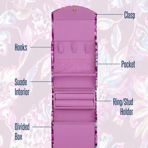 Vista 6 de Lilly Pulitzer Organizador de joyas de viaje, joyero de cuero vegano para mujer, bonito organizador de joyas para collares, anillos, pulseras, rollo