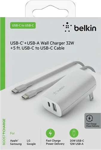 Vista 7 de Belkin Cargador de pared USB-C de 32 W con cable C a C incluido, puertos PD y USB-C de 20 W y USB-A de 12 W