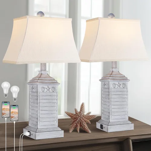 Vista 10 de Hamucd Juego de 2 lámparas de mesa para sala de estar, lámparas de mesita de noche blancas costeras para dormitorio con USB A+C modernas, salida