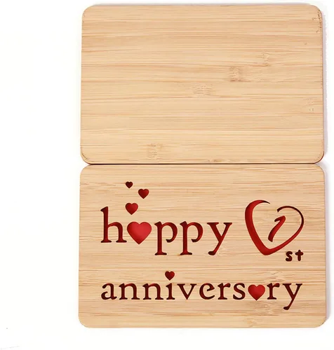 Vista 3 de Tarjeta de felicitación de madera para el primer aniversario, hecha a mano, 1 año, aniversario de boda, tarjeta de primer aniversario para ella, él