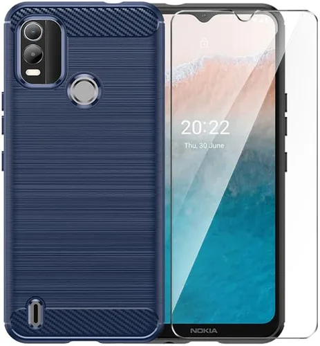 Vista 8 de Funda para Nokia C21 Plus con protector de pantalla HD, antideslizante, absorción de impactos, flexible TPU fibra de carbono, parachoques de goma