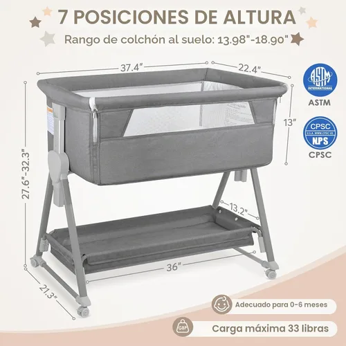 Vista 5 de BIERUM Moisés de bebé para bebé – Moisés de noche ajustable de 7 alturas con ruedas bloqueables, fácil de montar, cuna portátil con bolsa