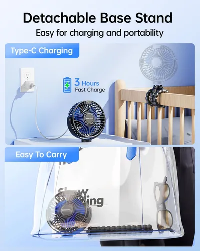 Vista 5 de SWEETFULL Ventilador portátil de cochecito de 4000 mAh con pantalla LED, mini ventilador recargable de 4 velocidades, trípode flexible giratorio