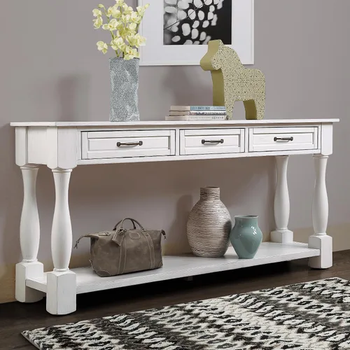 Vista 15 de RuiSiSi Mesa consola de 48 pulgadas con 3 cajones y 2 estantes, mesa de sofá de madera de granja para sala de estar, entrada, pasillo, color blanco