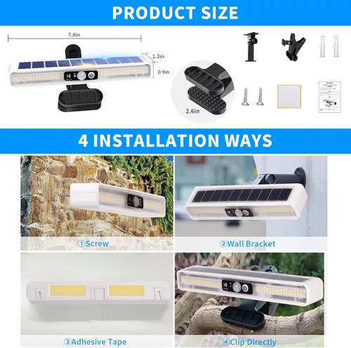 Vista 5 de Luces solares de movimiento con clip para exteriores, impermeables, paquete de 2 luces con sensor de movimiento para exteriores con 36 LED, 3000 K