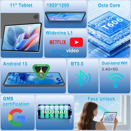 Vista 8 de Tablet Android 15, tableta de 11 pulgadas con 8000 mAh, Octa-Core, 20GB RAM 128GB ROM 2TB expansión, 1920x1200, 5MP+8MP, 2.4G/5G WiFi, compatible