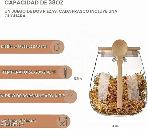 Vista 2 de Juego de tarros de almacenamiento de vidrio herméticos con tapa de bambú de boca ancha, a prueba de fugas, con cuchara, se pueden usar para granos