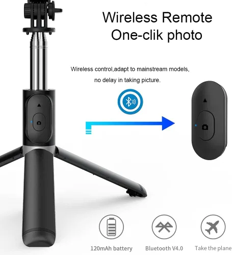 Vista 5 de Trípode para selfie, soporte de trípode 4 en 1 con control remoto inalámbrico desmontable, soporte para teléfono inteligente compatible con iPhone