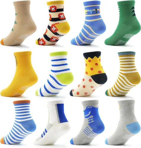 Vista 12 de ELUTONG - Calcetines de agarre para niños, paquete de 12 unidades, antideslizantes, calcetines de tripa para bebés y niños de 1 a 7 años, niños