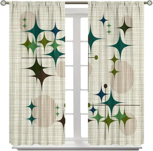 Vista 3 de Cortina de Ventana de Mediados de Siglo con Explosiones de Estrellas, Cortinas con Estampado de Inspiración Atómica para Sala de Estar Dormitorio