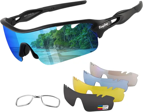 Vista 10 de BangLong Polarized UV400 Sports Sunglasses with 5 Lenses for Men Women TR90 Flexible Frame, 5 Interchangeable Lens with RX Insert, 0.9oz Sports