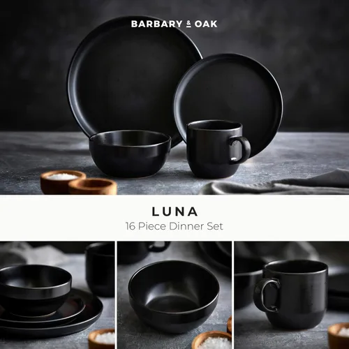 Vista 2 de Barbary & Oak BO867005BLK Luna - Juego de vajilla de 16 piezas, gres, negro mate con motas brillantes Moteado negro