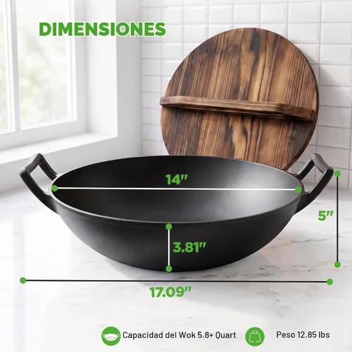 Vista 7 de NutriChef Wok de hierro fundido de 14 pulgadas con tapa de madera, Kadai pre-sazonado para freír con asas de bucle, compatible con múltiples estufas
