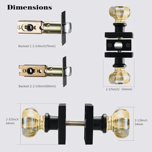 Vista 6 de Pomo de puerta de paso de cristal dorado champán Non-Locking Interior Handle, Matte Black Rosette, Hallway Closet Kids Room, Decorative Hardware