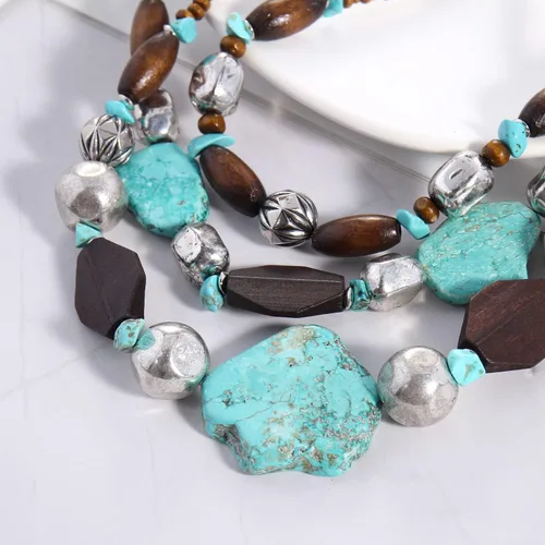 Vista 3 de BOCAR Collar grueso de 3 capas de madera turquesa con cuentas de múltiples hebras, collar hecho a mano, joyería para regalos de mujer