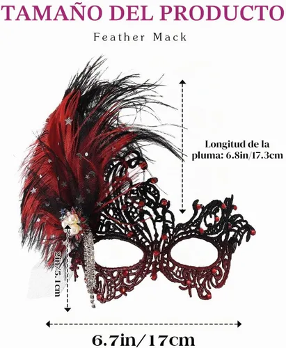 Vista 6 de Urieo Máscara de plumas veneciana de encaje con diamantes de imitación, máscaras de cosplay para mujer
