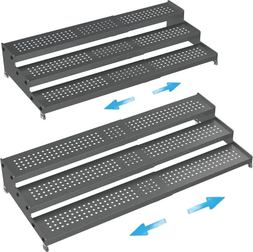Vista 10 de Organizador de especias expandible con estante de 3 niveles, diseño moderno resistente, antideslizante y visibilidad, ideal para gabinetes de Negro