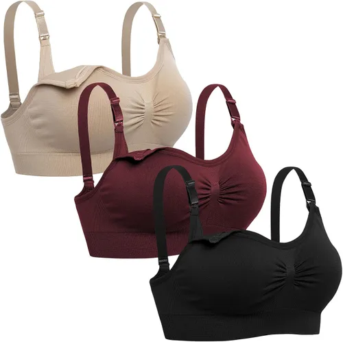 Vista 12 de Brasier de lactancia sin costuras para mujer - Bralette de maternidad para dormir y amamantar. Paquete de 3 3negro2beige