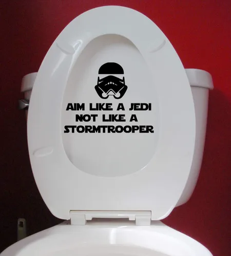 Vista 2 de Calcomanía de vinilo "Aim Like a Jedi not a Stormtrooper" de 7" x 5.5" color negro, diseño para inodoro.