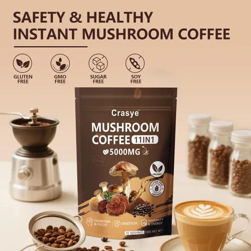 Vista 4 de Café orgánico de hongos 11 superalimentos instantáneos con Ashwagandha, Shilajit, melena de león, reishi, chaga y colágeno café arábica molido