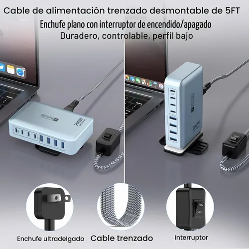 Vista 2 de Estaciones de carga múltiple de 8 puertos de 200 W con enchufe plano, cable de alimentación trenzado e interruptor de encendido/apagado