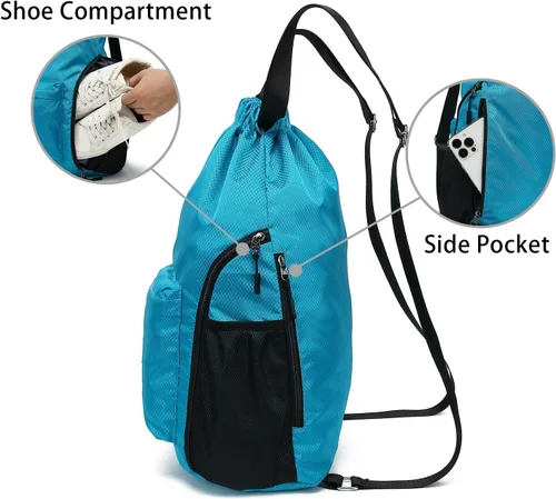 Vista 2 de FUXINGYAO Mochila deportiva con cordón y compartimento para zapatos, mochila de cuerda para mujeres y hombres (negro), Azulclaro, Sencillo y fácil