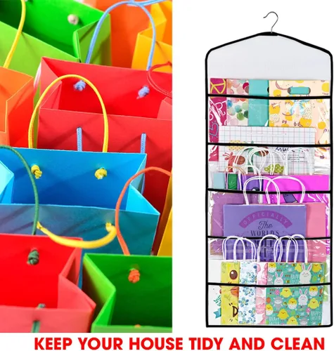 Vista 7 de Bolsa de regalo y almacenamiento de papel de seda, organizador colgante con múltiples bolsillos delanteros y traseros de doble cara, organiza papel