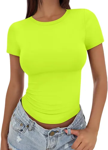 Vista 27 de Trendy Queen - Camisetas básicas para mujer, camisetas de verano, manga corta, ajustadas, linda ropa de entrenamiento para gimnasio Blanco