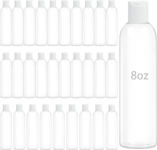 Vista 12 de Paquete de 2 botellas de plástico para champú de 8 onzas con tapas de disco, ámbar UV Protection, Leak Proof, Refillable, Travel Containers for