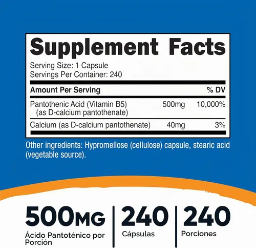 Vista 2 de Nutricost Ácido pantoténico (vitamina B5) 500 mg, 240 cápsulas (2 botellas)