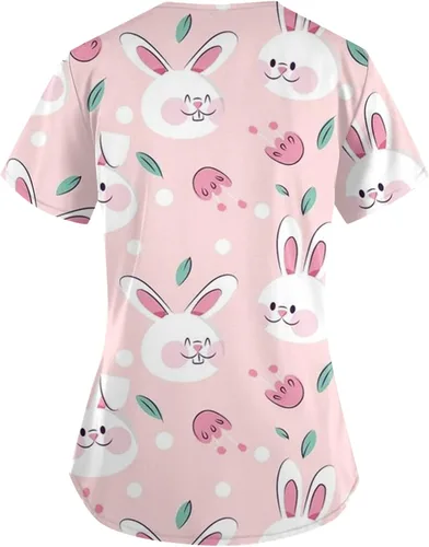 Vista 2 de Camisetas de moda para el día de Pascua para mujer, con estampado de uniformes básicos, camisetas elásticas con bolsillos dobles
